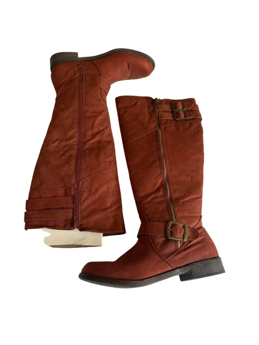 Zobia Womens Rust Knee-High Boots Buckle Detail & Side Zipper US 8 Faux Suede